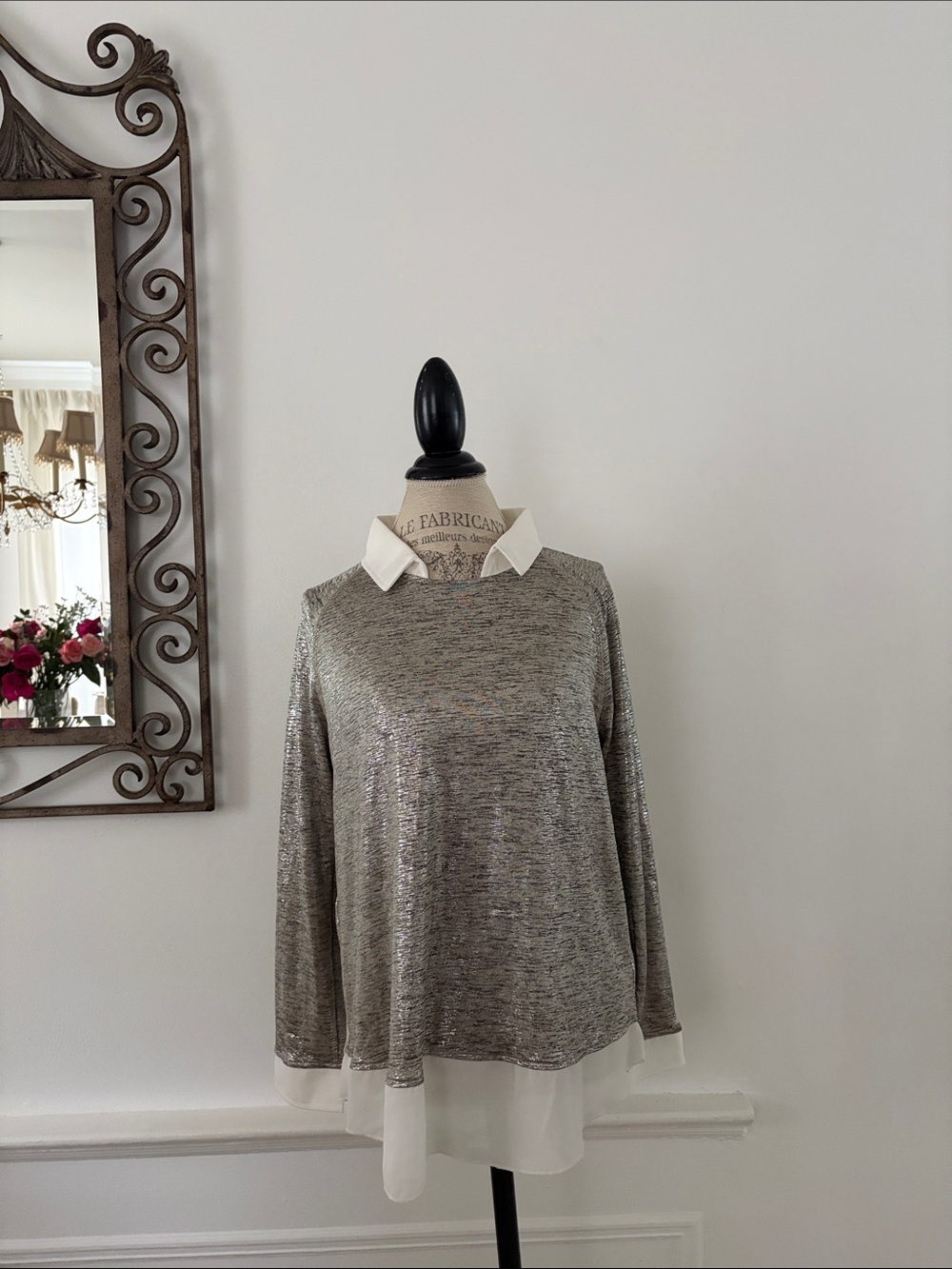 Kim & Cami Silver Metallic Layered Tunic with White Collar